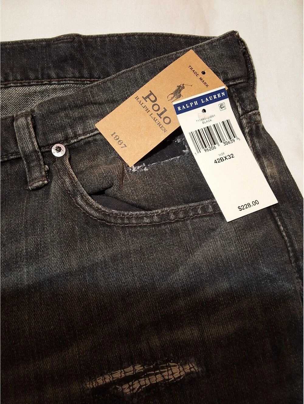 Polo Ralph Lauren Men's Distressed Black Denim Jeans with Patchwork Detail